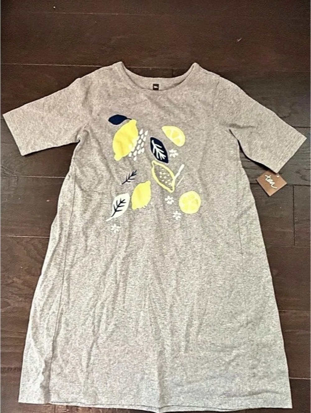Tea Girls Cotton Dress in Gray & Yellow NWT